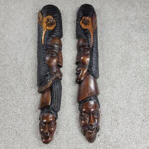 African Folk Art Man Woman Wood Hand Carved Wall Hanging Sculpture Decor